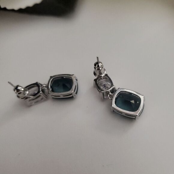 Deep Sea Blue & White Dangle Stud Sapphire Earrings on 925 Silver - Picture 6 of 7